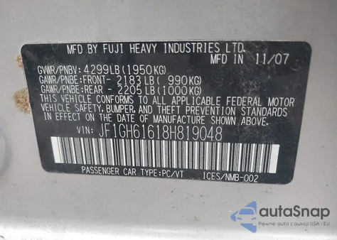 2008 Subaru Impreza 2.5I z USA, uszkodzony, nr VIN JF1GH61618H819048